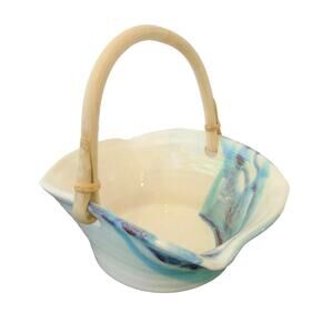 Studio Art Pottery Basket Bamboo Handle 8" Blue Cream Artist Signed Candy Dish